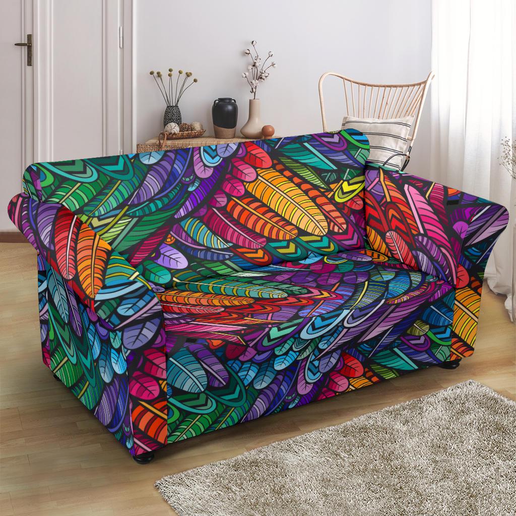 Feather Multicolor Design Print Loveseat Slipcover-JTAMIGO.COM