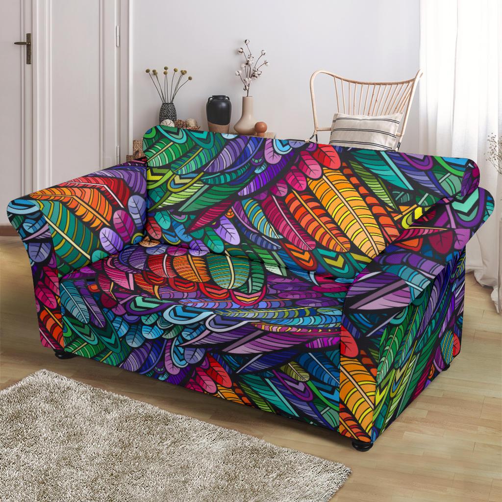 Feather Multicolor Design Print Loveseat Slipcover-JTAMIGO.COM