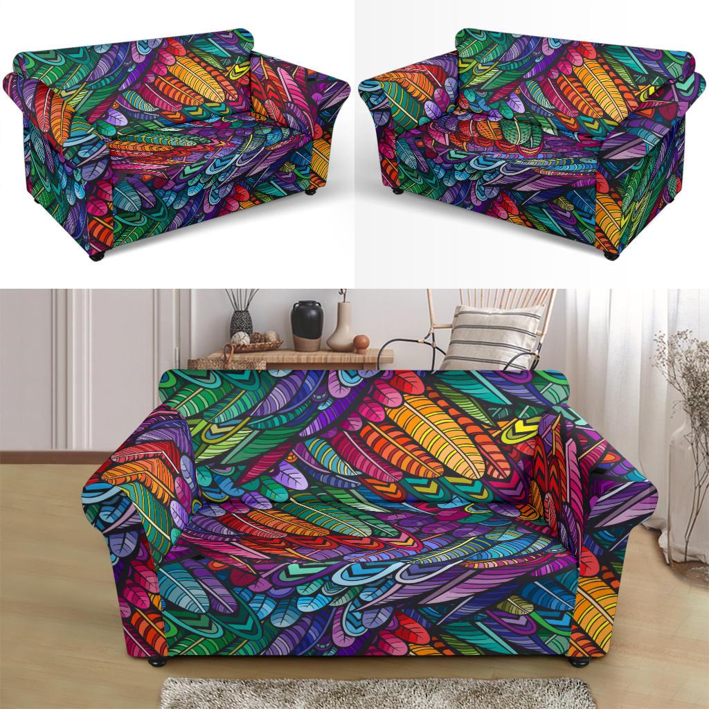 Feather Multicolor Design Print Loveseat Slipcover-JTAMIGO.COM