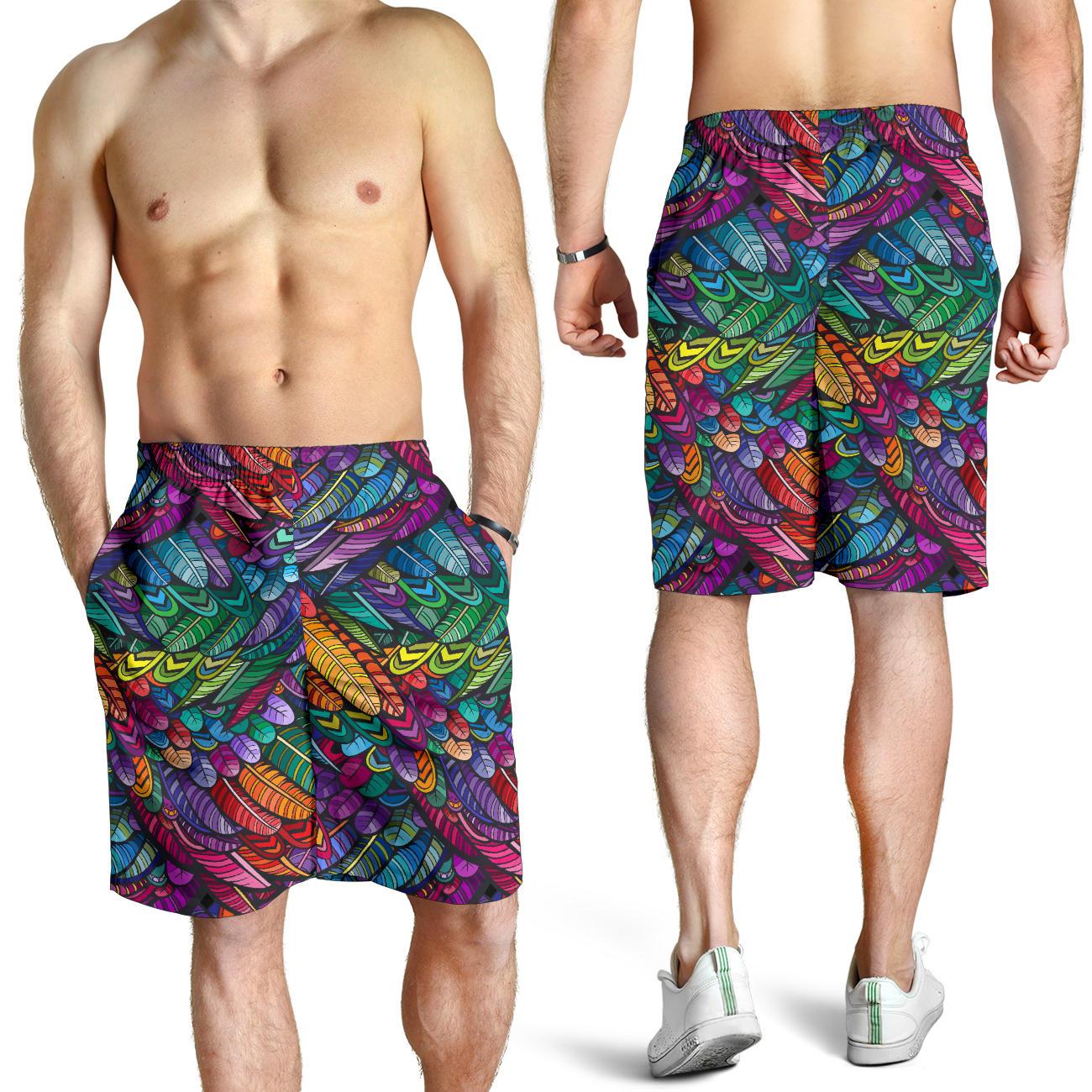 Feather Multicolor Design Print Mens Shorts-JTAMIGO.COM