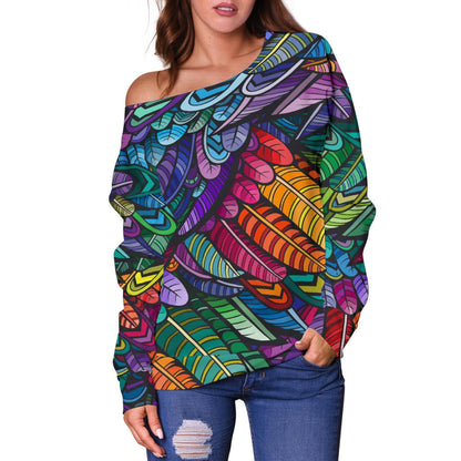 Feather Multicolor Design Print Off Shoulder Sweatshirt