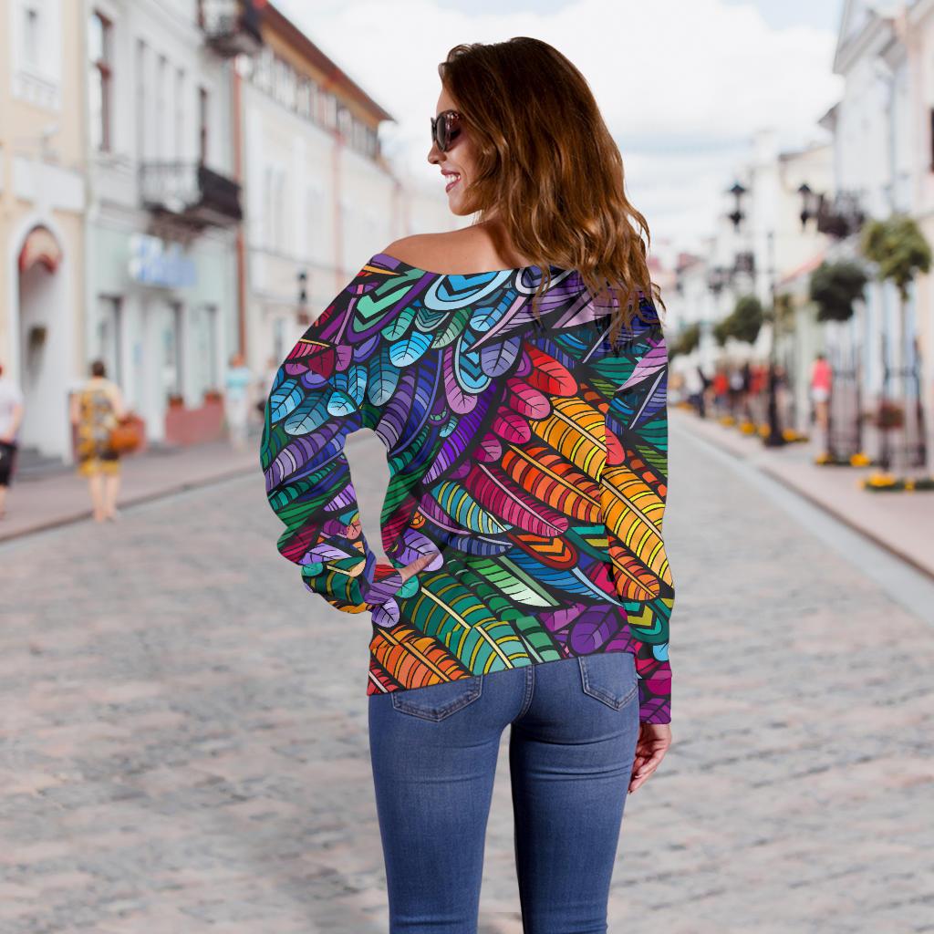 Feather Multicolor Design Print Off Shoulder Sweatshirt