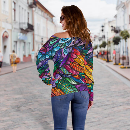 Feather Multicolor Design Print Off Shoulder Sweatshirt