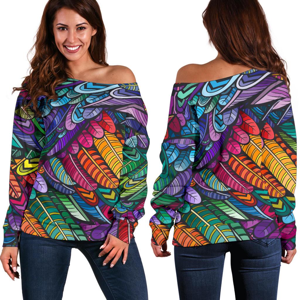 Feather Multicolor Design Print Off Shoulder Sweatshirt