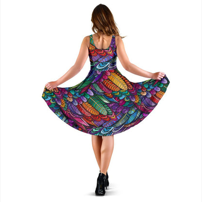 Feather Multicolor Design Print Sleeveless Dress