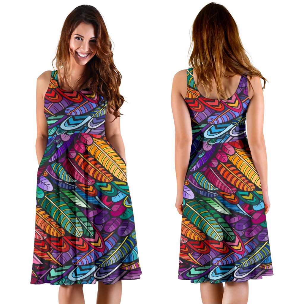 Feather Multicolor Design Print Sleeveless Dress