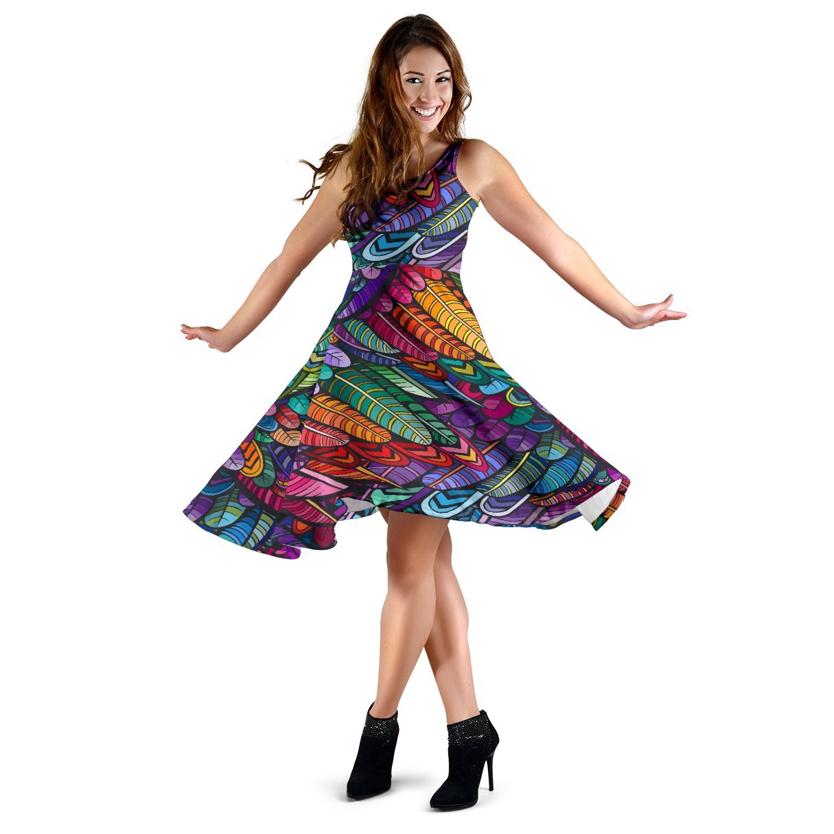 Feather Multicolor Design Print Sleeveless Dress