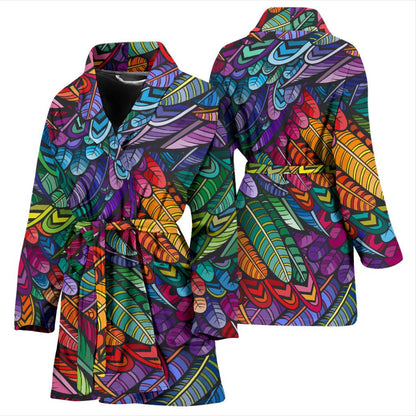 Feather Multicolor Design Print Women Bath Robe-JTAMIGO.COM