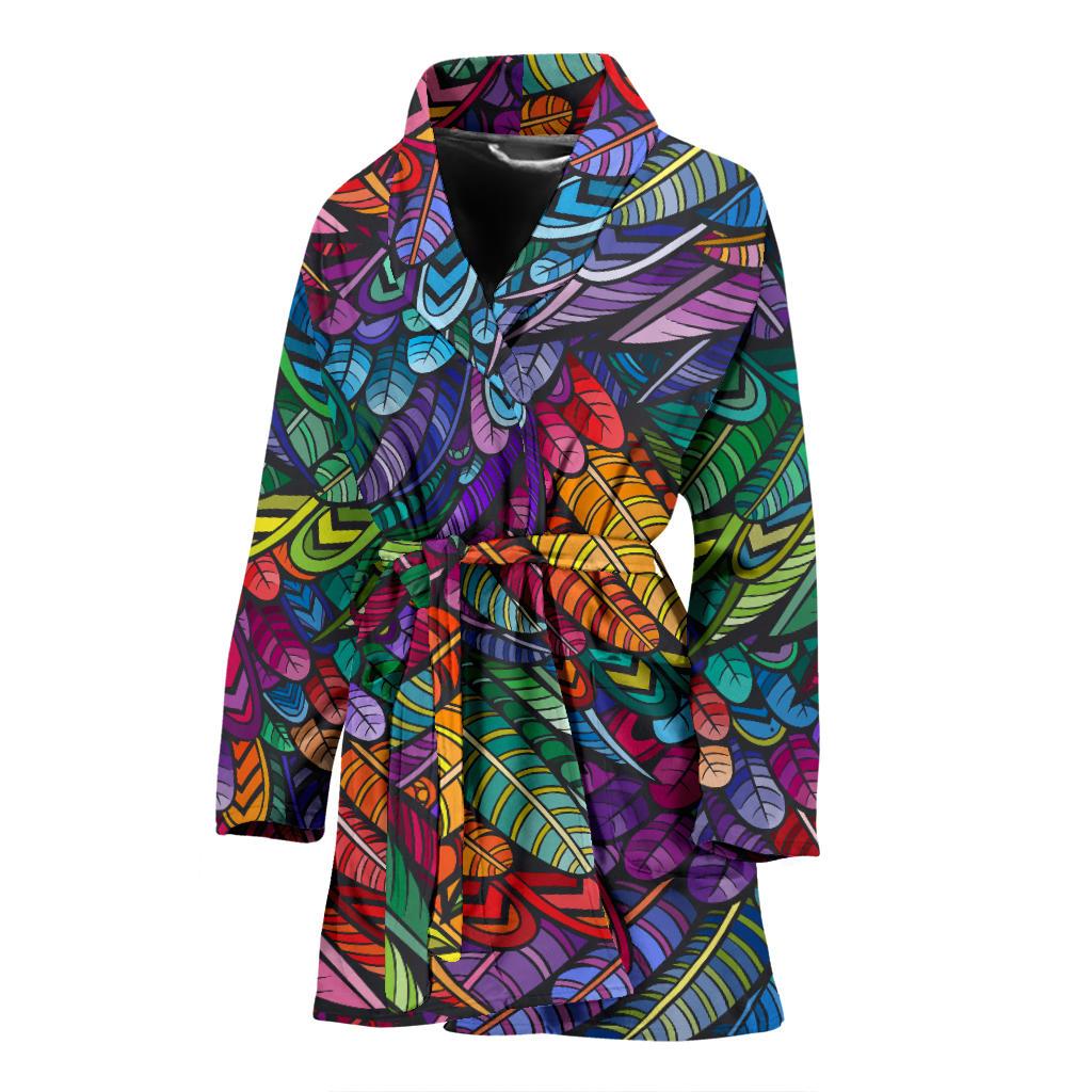 Feather Multicolor Design Print Women Bath Robe-JTAMIGO.COM