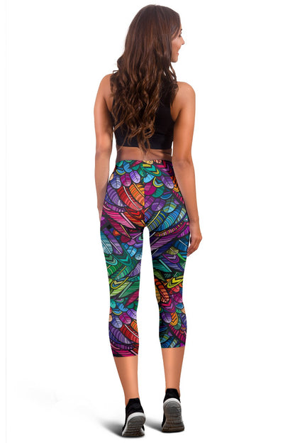 Feather Multicolor Design Print Women Capris