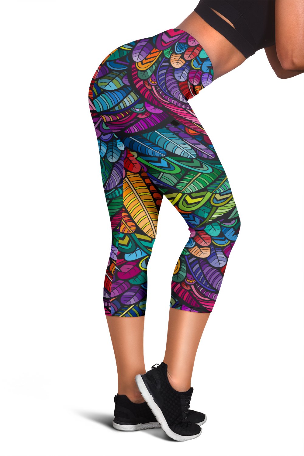 Feather Multicolor Design Print Women Capris