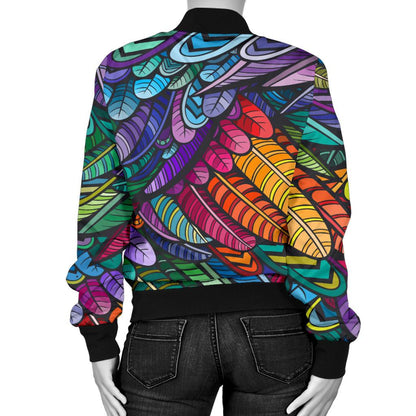Feather Multicolor Design Print Women Casual Bomber Jacket