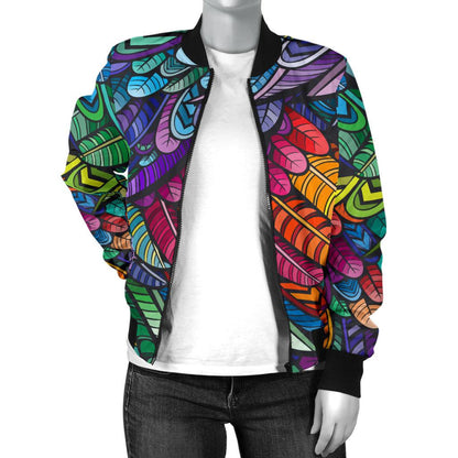 Feather Multicolor Design Print Women Casual Bomber Jacket