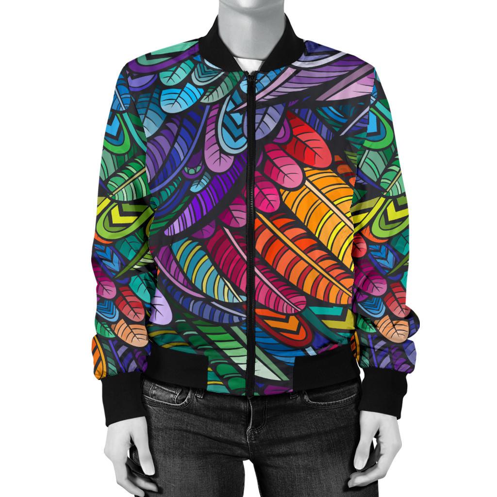 Feather Multicolor Design Print Women Casual Bomber Jacket