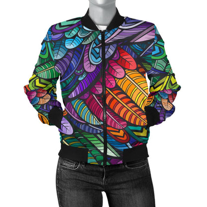 Feather Multicolor Design Print Women Casual Bomber Jacket