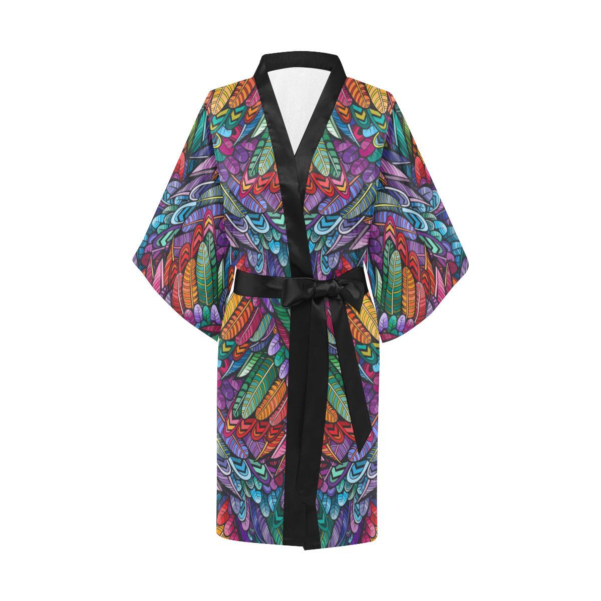 Feather Multicolor Design Print Women Short Kimono Robe
