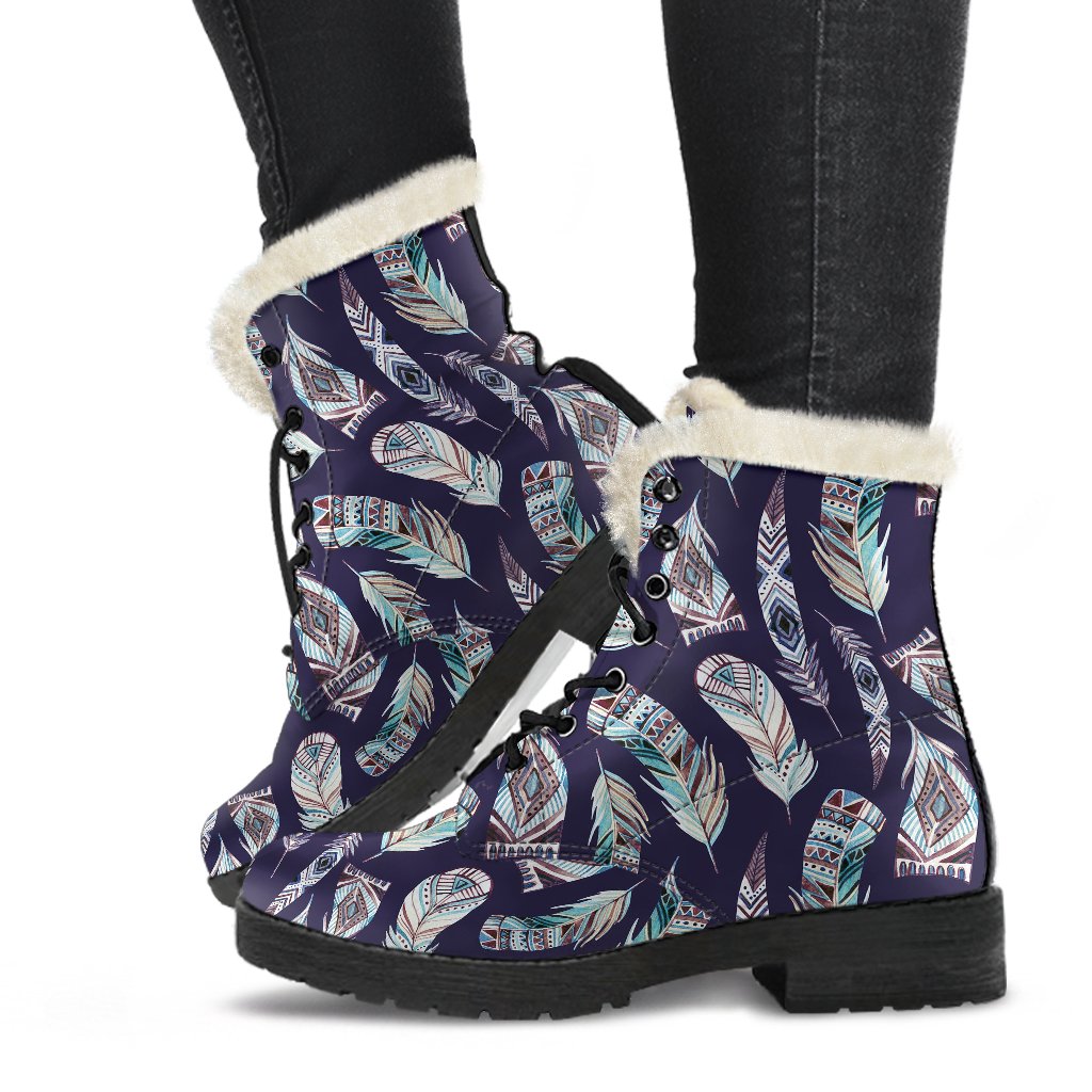 Feather Vintage Boho Design Print Faux Fur Leather Boots-JTAMIGO.COM