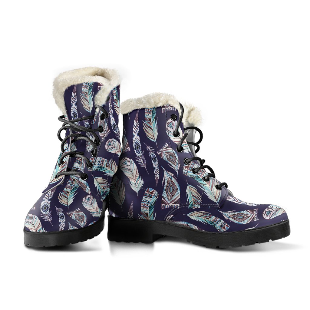 Feather Vintage Boho Design Print Faux Fur Leather Boots-JTAMIGO.COM