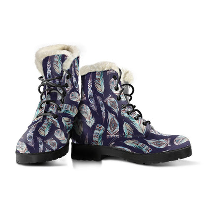Feather Vintage Boho Design Print Faux Fur Leather Boots-JTAMIGO.COM