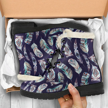 Feather Vintage Boho Design Print Faux Fur Leather Boots-JTAMIGO.COM