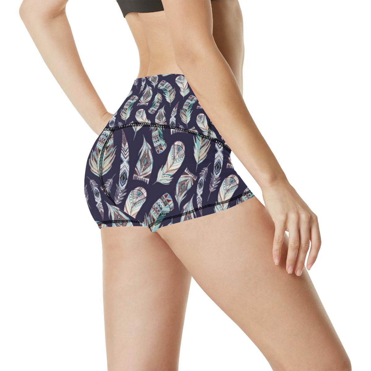 Feather Vintage Boho Design Print High Waisted Spandex Shorts-JTAMIGO.COM