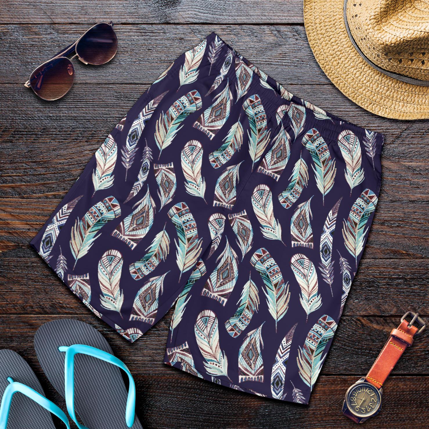 Feather Vintage Boho Design Print Mens Shorts-JTAMIGO.COM