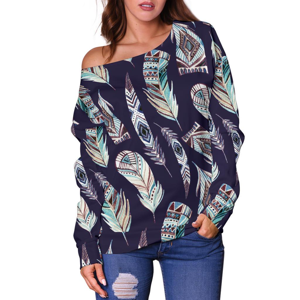 Feather Vintage Boho Design Print Off Shoulder Sweatshirt