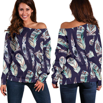 Feather Vintage Boho Design Print Off Shoulder Sweatshirt
