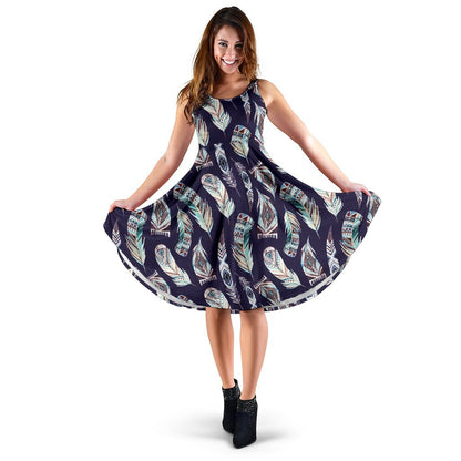 Feather Vintage Boho Design Print Sleeveless Dress
