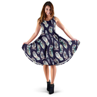 Feather Vintage Boho Design Print Sleeveless Dress