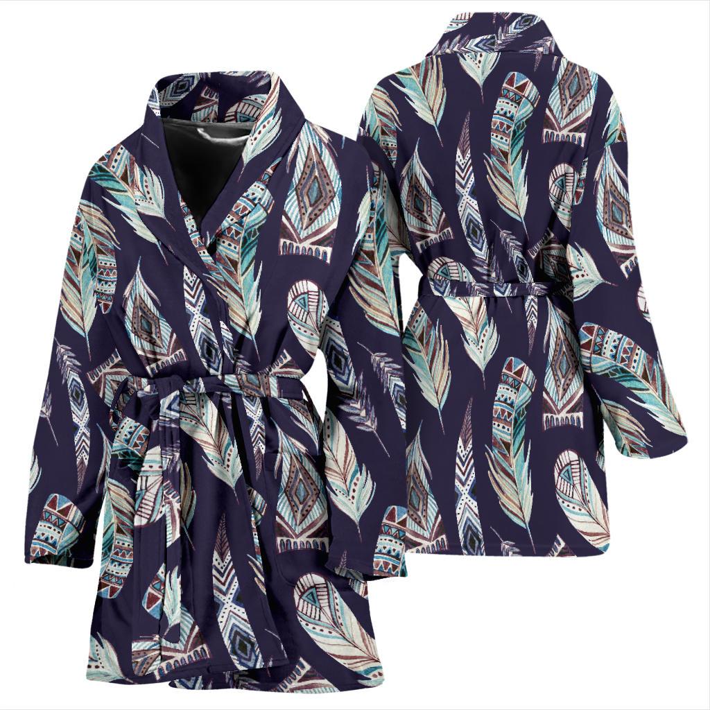 Feather Vintage Boho Design Print Women Bath Robe-JTAMIGO.COM