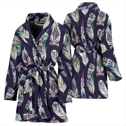 Feather Vintage Boho Design Print Women Bath Robe-JTAMIGO.COM