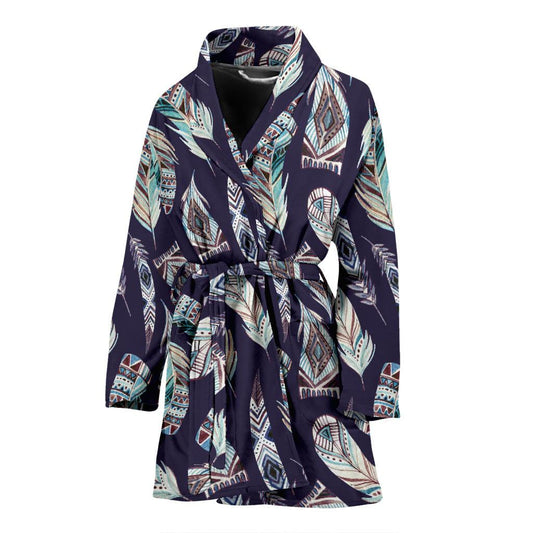 Feather Vintage Boho Design Print Women Bath Robe-JTAMIGO.COM