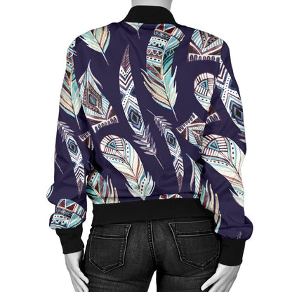 Feather Vintage Boho Design Print Women Casual Bomber Jacket