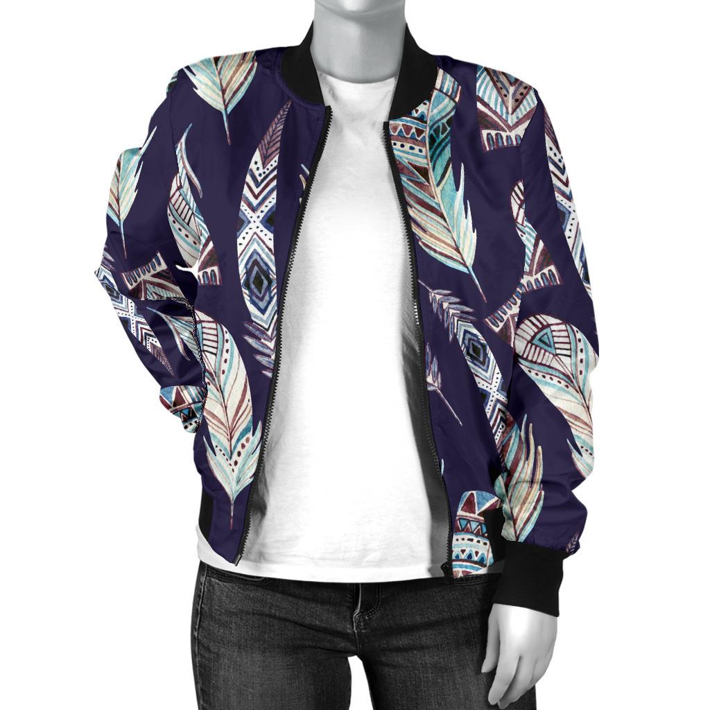 Feather Vintage Boho Design Print Women Casual Bomber Jacket