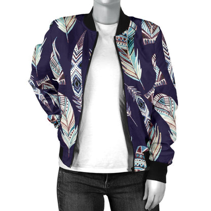 Feather Vintage Boho Design Print Women Casual Bomber Jacket
