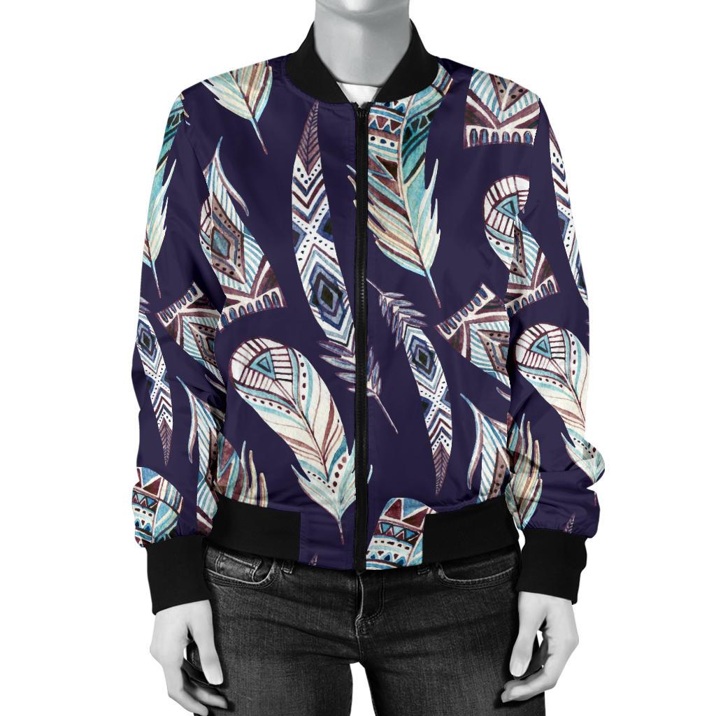 Feather Vintage Boho Design Print Women Casual Bomber Jacket