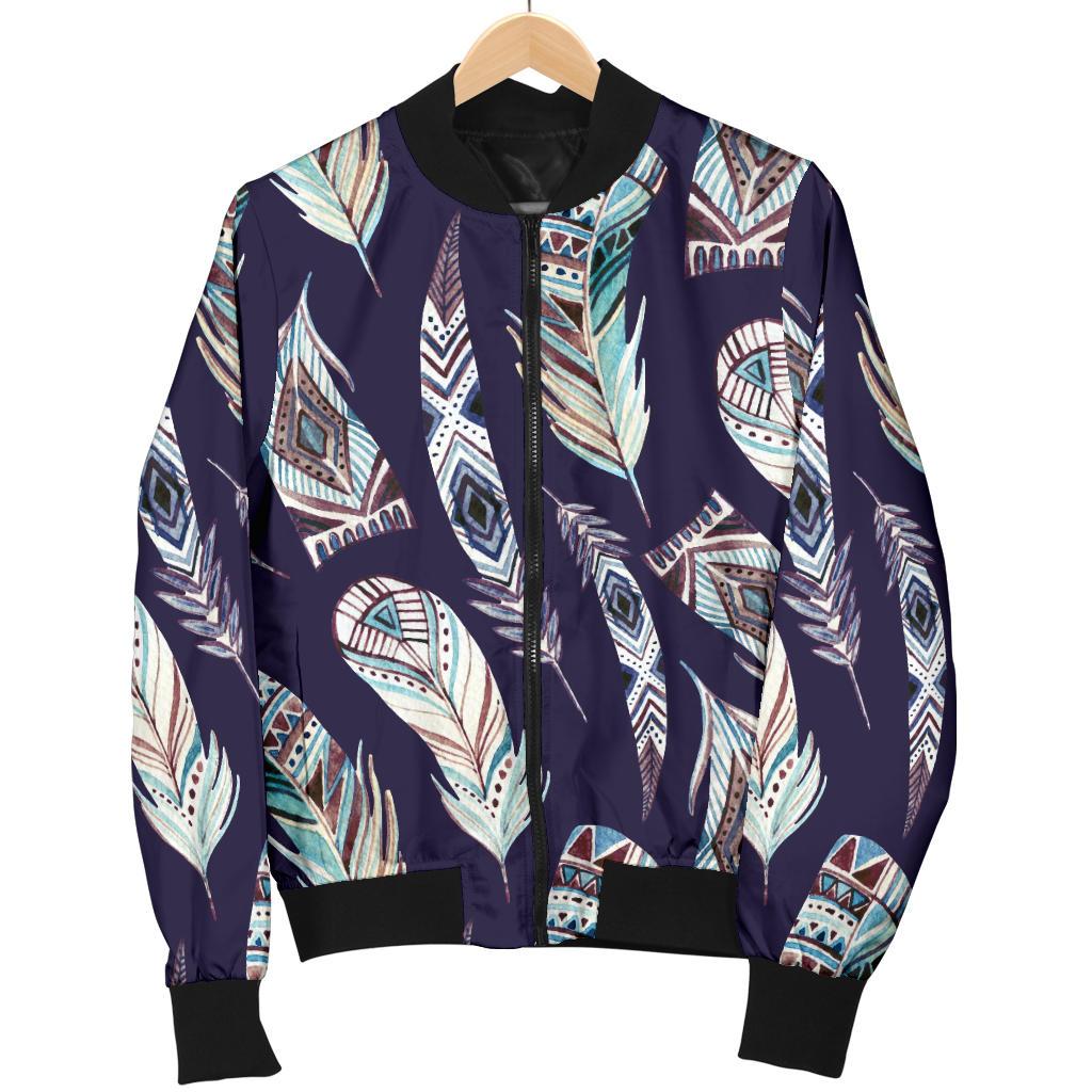 Feather Vintage Boho Design Print Women Casual Bomber Jacket