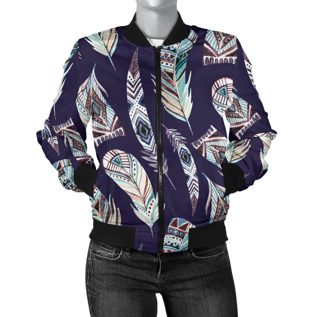 Feather Vintage Boho Design Print Women Casual Bomber Jacket
