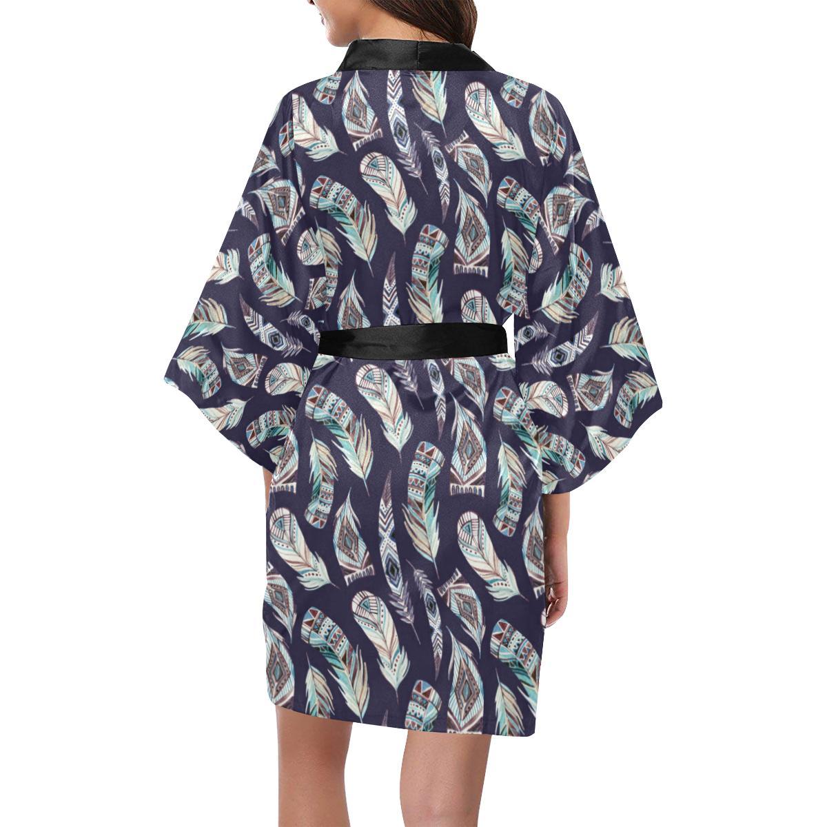 Feather Vintage Boho Design Print Women Short Kimono Robe