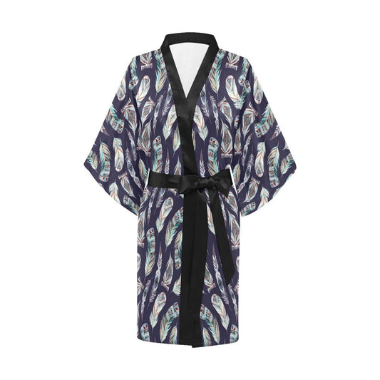 Feather Vintage Boho Design Print Women Short Kimono Robe