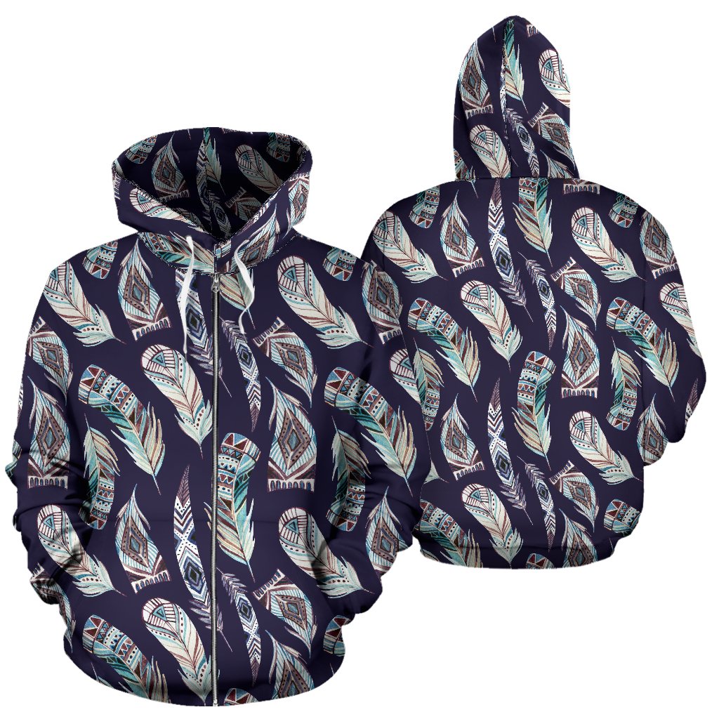Feather Vintage Boho Design Print Zip Up Hoodie