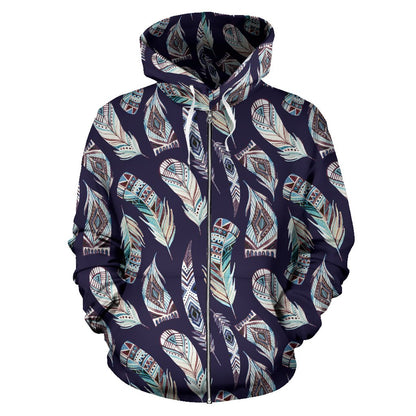 Feather Vintage Boho Design Print Zip Up Hoodie