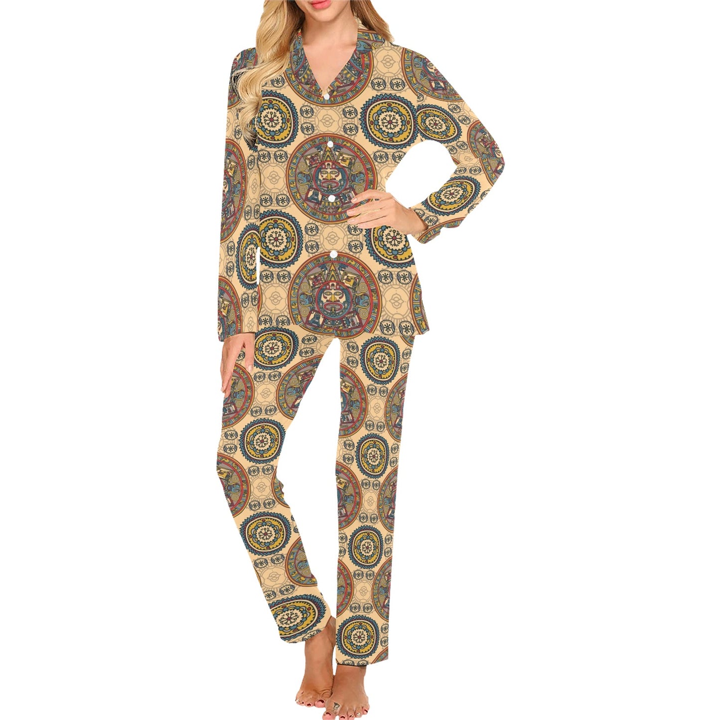 Calendar Aztec Pattern Print Design 02 Women's Long Pajama Set