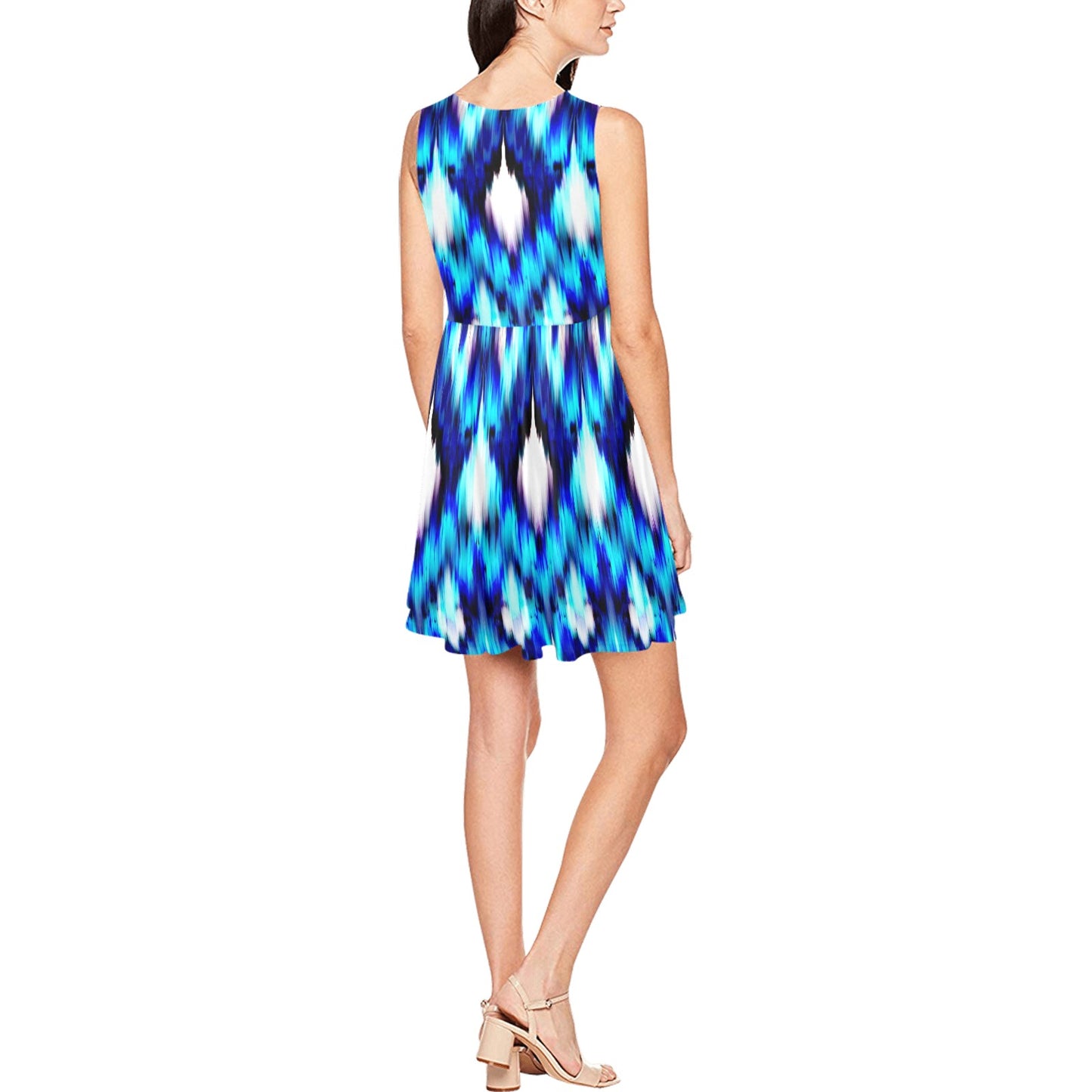 Ikat Blue Pattern Print Design 01 Sleeveless Dress