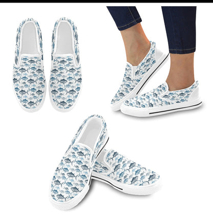 Tuna Fish Print Design LKS303 White Slip Ons Canvas Women's Shoes