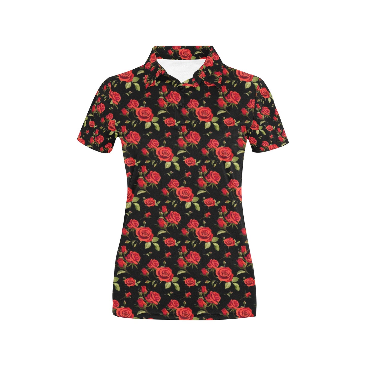 Red Rose Themed Print Women's Polo Shirt