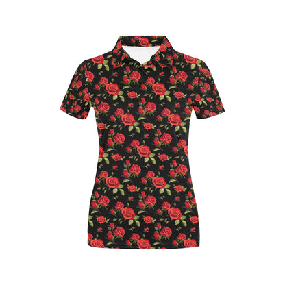 Red Rose Themed Print Women's Polo Shirt