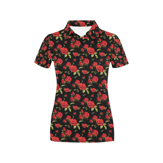 Red Rose Themed Print Women's Polo Shirt