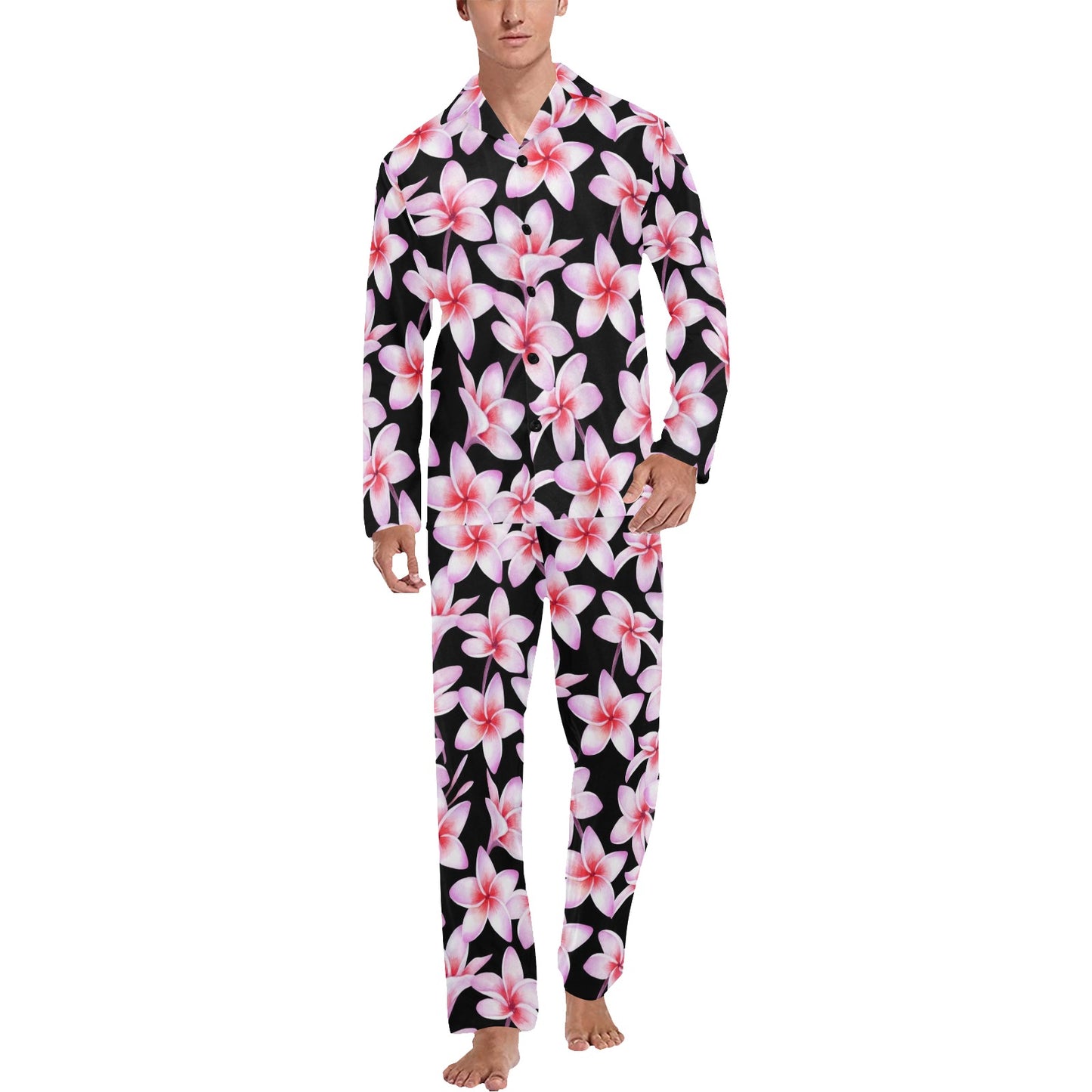 Pink Plumeria Pattern Print Design PM09 Men's Long Pajama Set